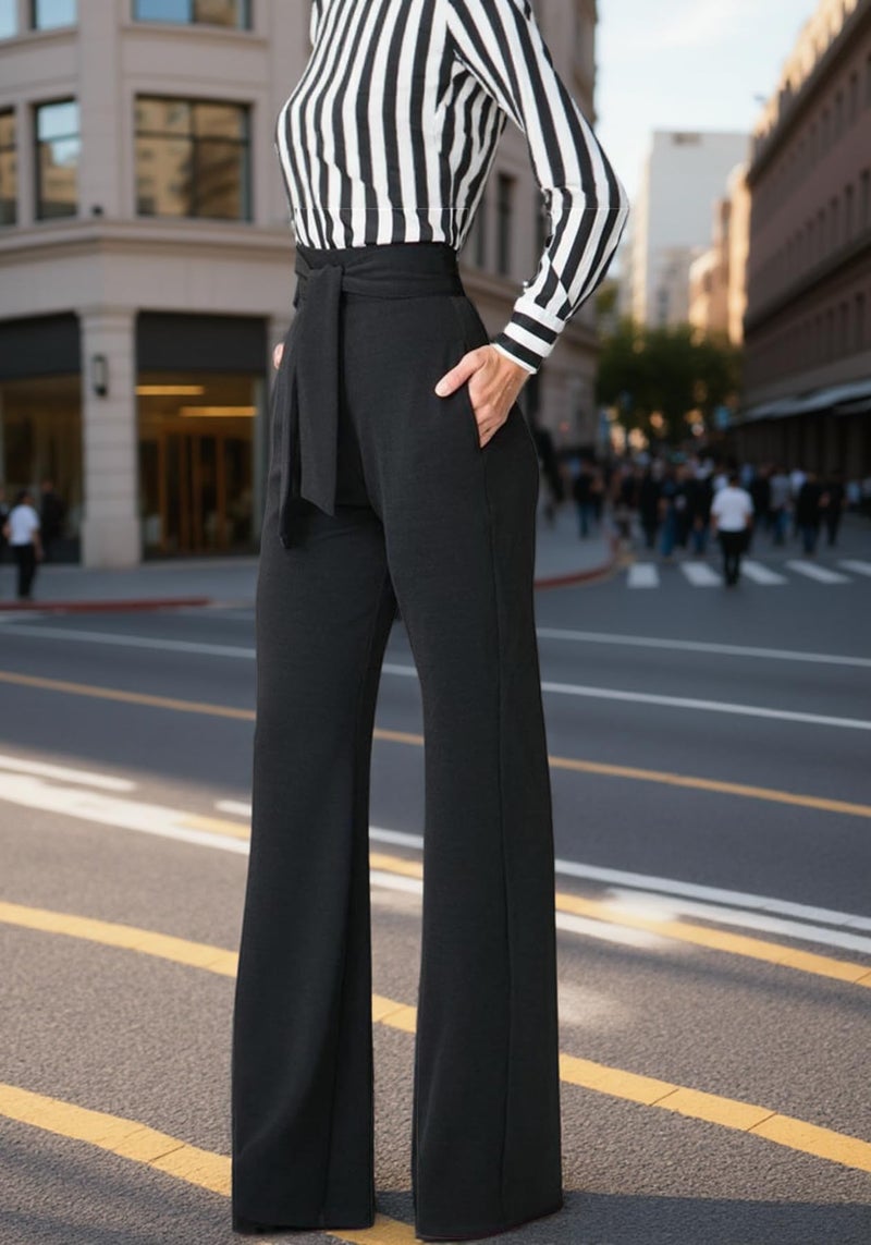 LKOUS Women's Stretchy High Waisted Straight Leg Dress Pants Office Daily Business Casual Bottoms Black - Image 4